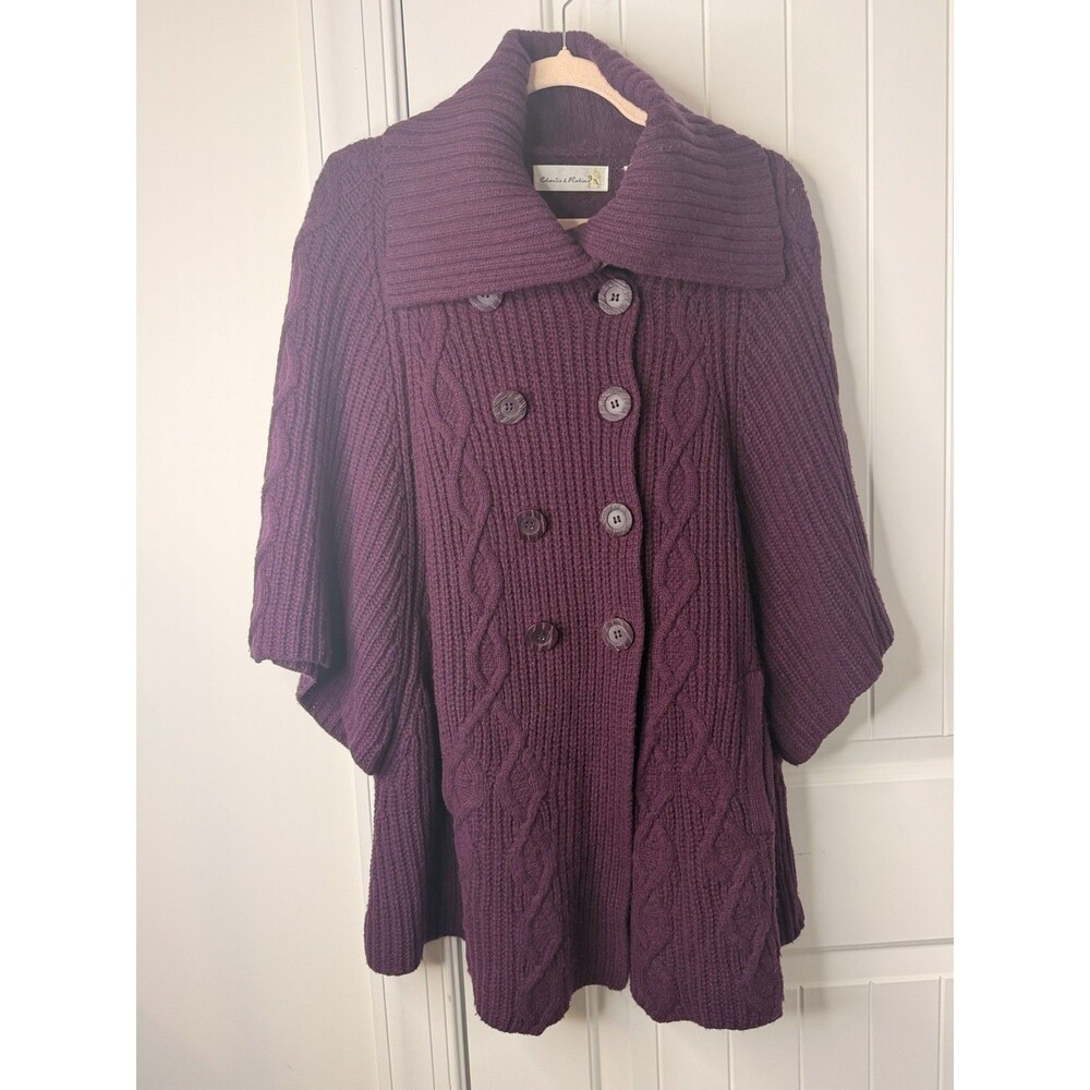 Anthropologie Charlie & Robin Wool Cape Cardigan Eggplant Cable Knit Sweater S/M